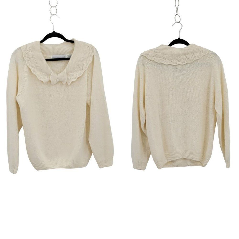 Vintage 80's Sweater Angora Silk Scalloped Beaded‎ Bow Shawl Collar Vanilla M